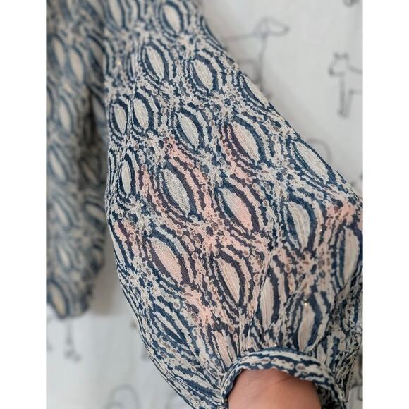 Zara Top Womens M Ivory Teal Metallic Crop Sheer Gauzy Fairy Romantic Bubble - Picture 4 of 6